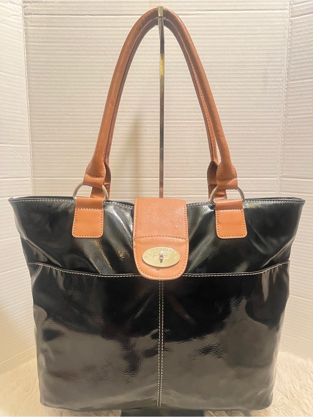 Vintage Nine West Black Patent Tote Bag with Tan Handles